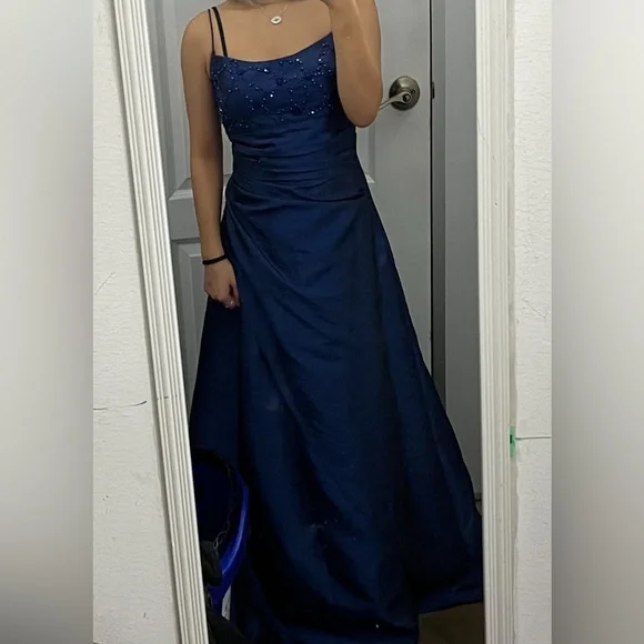 blue dress for baby girl A-Line Puff Sleeves Long Blue Prom Dress, Square Neckline Blue Long Formal Dress Custom Size / Blue main image 0